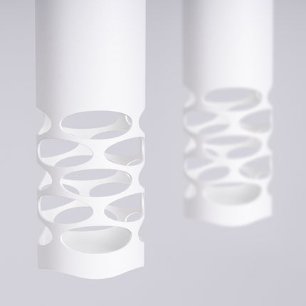 suspension linéaire 2 tubes à embout ajouré entrelacé blanc, packshot de trois quarts