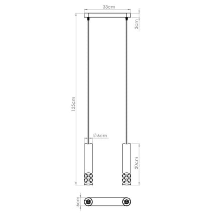 suspension linéaire 2 tubes à embout ajouré entrelacé blanc, schéma de cotes