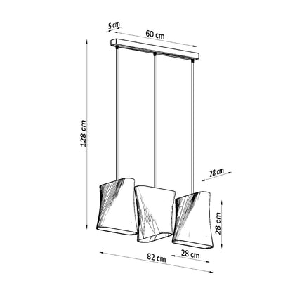 Schéma coté de la suspension 3 lampes : barre 82 cm, abat-jour 28 x 28 cm, hauteur 128 cm