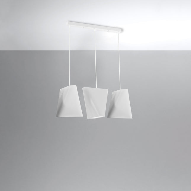 Suspension linéaire 3 lampes à abat-jour torsadés en tissu blanc fixée au plafond, barre blanche