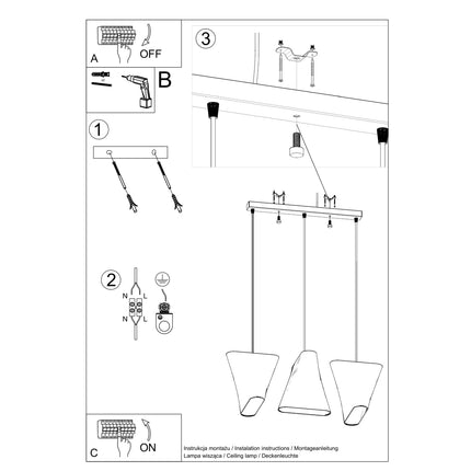 Détail des plis torsadés des abat-jour en tissu noir de la suspension 3 lampes
