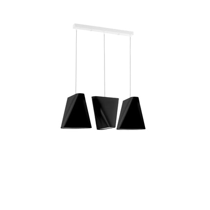 Suspension linéaire 3 lampes en tissu noir sur fond blanc, trois abat-jour sculpturaux