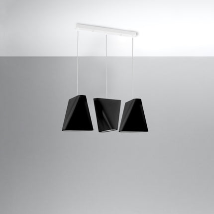 Suspension linéaire 3 lampes à abat-jour torsadés en tissu noir fixée au plafond, barre blanche