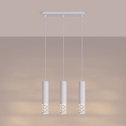 suspension linéaire 3 tubes à embout ajouré entrelacé blanc, lumière allumée