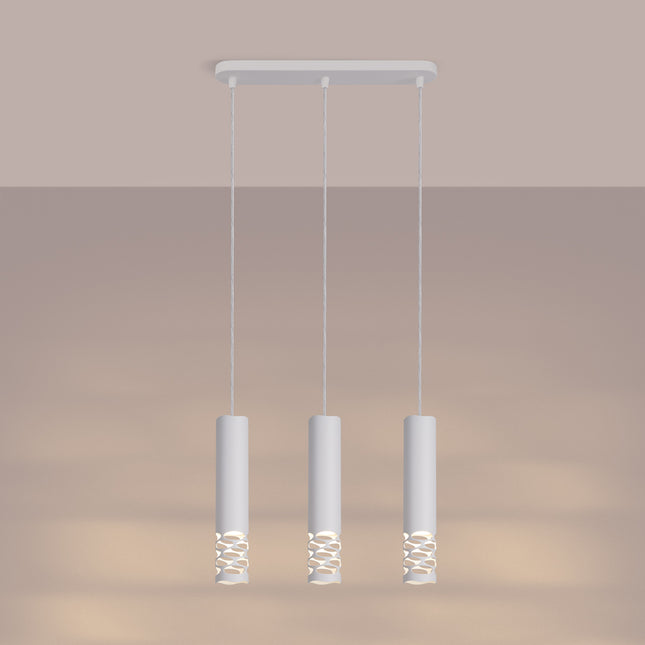 suspension linéaire 3 tubes à embout ajouré entrelacé blanc, lumière allumée