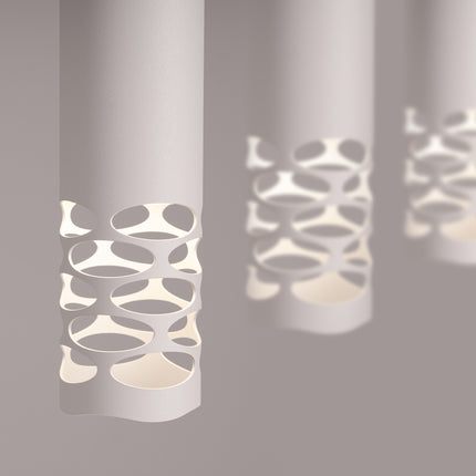 suspension linéaire 3 tubes à embout ajouré entrelacé blanc, vue de détail