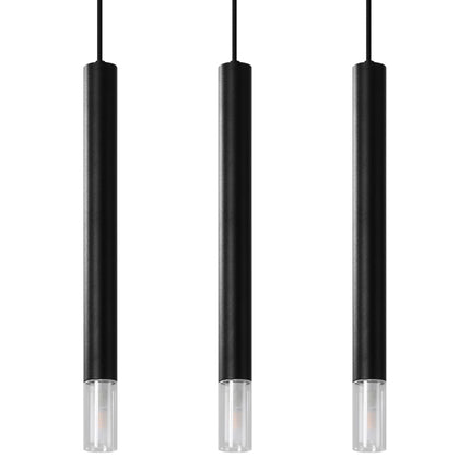Suspension linéaire 3 tubes fins en acier noir mat sur platine, diffuseurs en verre