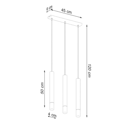 Schéma de cotes de la suspension linéaire : platine 45 cm, hauteur 120 cm, tube 50 cm