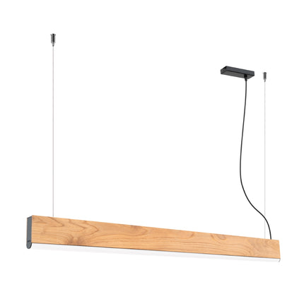 Suspension linéaire en bois de chêne de 120 cm, LED intégrée, éteinte sur fond blanc