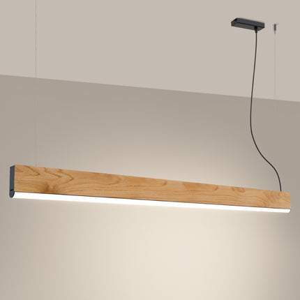Suspension linéaire en bois de chêne de 150 cm allumée diffusant une lumière neutre homogène