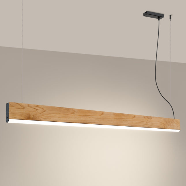 Suspension linéaire en bois de chêne de 150 cm allumée diffusant une lumière neutre homogène