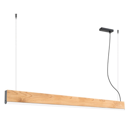 Suspension linéaire en bois de chêne de 150 cm, LED intégrée, éteinte sur fond blanc