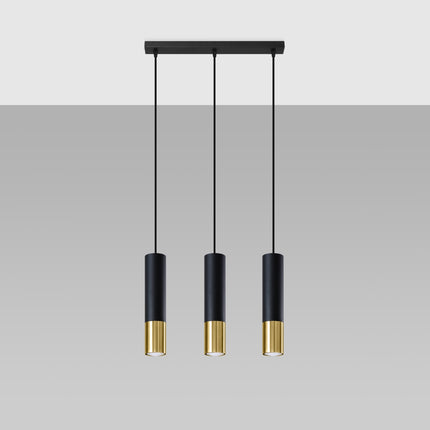 Suspension linéaire Duo Metallic à 3 tubes en acier noir mat et doré, vue de face