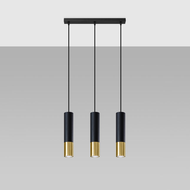 Suspension linéaire Duo Metallic à 3 tubes en acier noir mat et doré, vue de face