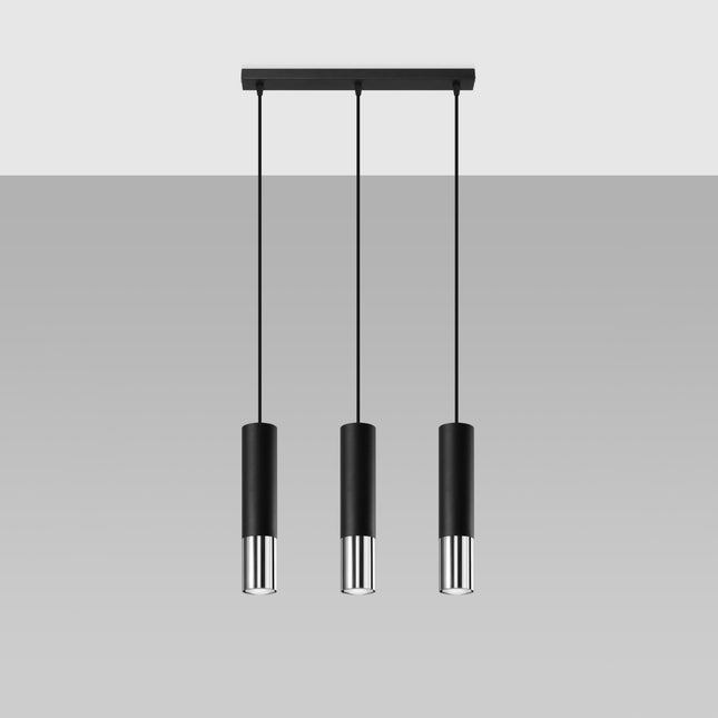 Suspension linéaire Duo Metallic 3 tubes en métal noir mat et chrome, barre plafond