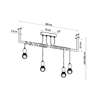 Schéma de dimensions de la suspension Entrelacs, longueur 100 cm et hauteur réglable 150 à 300 cm