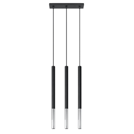 Suspension linéaire Mozaica à 3 tubes en acier noir et chrome sur fond blanc