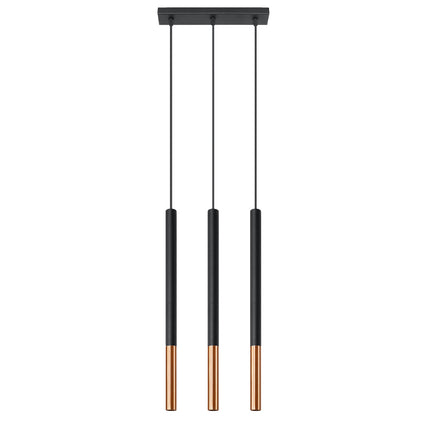 Suspension linéaire Mozaica, trois tubes fins en acier noir mat à pointe cuivre, sur fond blanc
