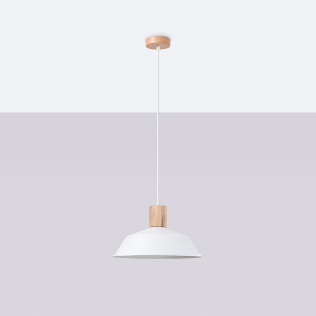Suspension Loft Minimaliste en acier blanche et bois naturel, vue de face sur fond neutre avec câble et abat-jour