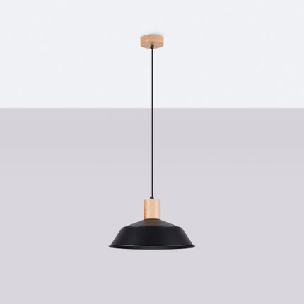 Suspension Loft Minimaliste en acier noire et bois naturel, vue de face sur fond neutre avec câble et abat-jour