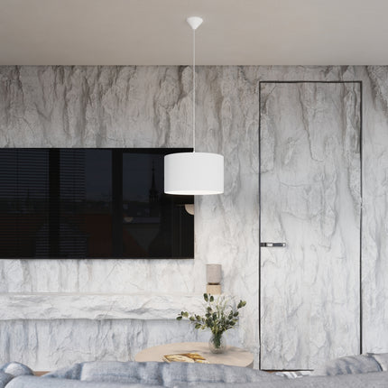 Suspension Loft Cylindrique Blanche 40 cm, allumée, gros plan sur la lumière diffusée