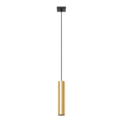 Suspension Long Cylindre 1 lumière en acier finition or poli sur fond blanc