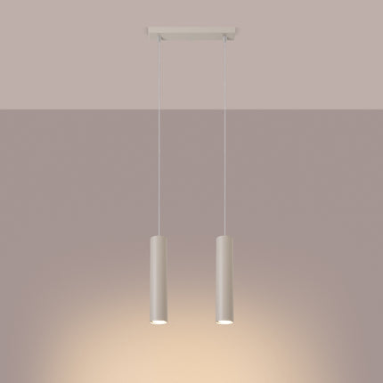 Suspension Long Cylindre 2 Beige en Acier, lumière allumée