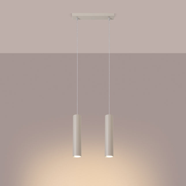 Suspension Long Cylindre 2 Beige en Acier, lumière allumée