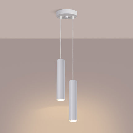 suspension long cylindre 2 lumières en acier, blanc, lumière allumée