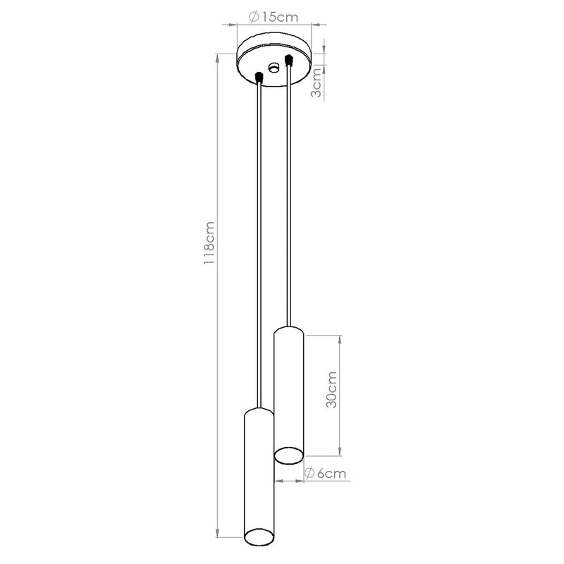 Dimensions Suspension Long Cylindre 2 Lumières en Acier, Blanc