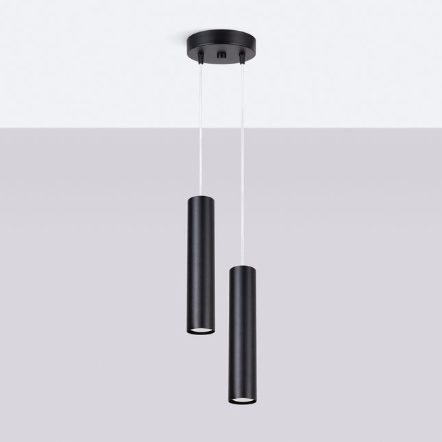 suspension long cylindre 2 lumières en acier, noir, vue en situation