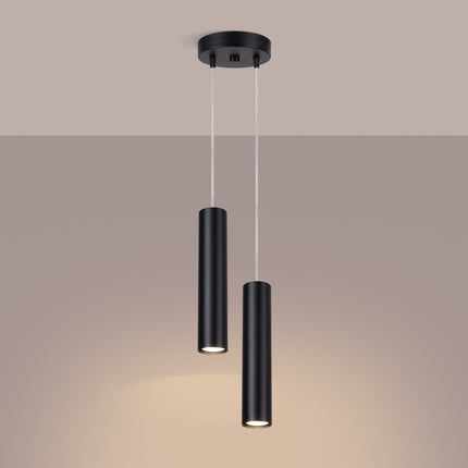 suspension long cylindre 2 lumières en acier, noir, lumière allumée