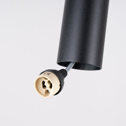 suspension long cylindre 2 lumières en acier, noir, détail de la fixation