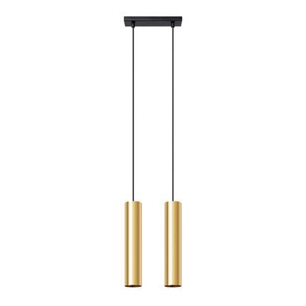 Suspension Long Cylindre 2 Or Poli, packshot sur fond neutre montrant les deux abat-jour en acier doré