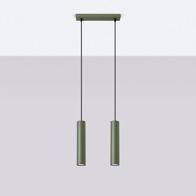 Suspension Long Cylindre 2 Vert Olive en Acier, vue en situation