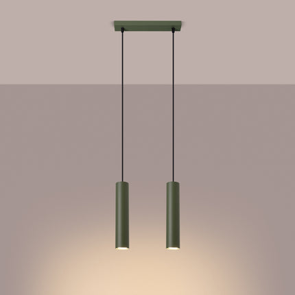 Suspension Long Cylindre 2 Vert Olive en Acier, lumière allumée
