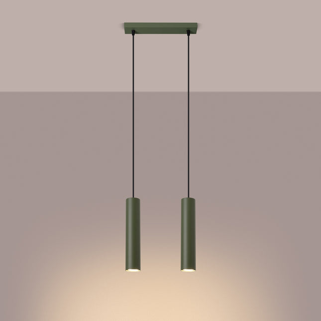 Suspension Long Cylindre 2 Vert Olive en Acier, lumière allumée