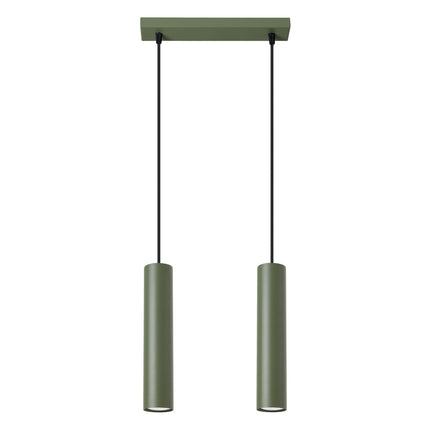 Suspension Long Cylindre 2 Vert Olive en Acier, packshot sur fond blanc