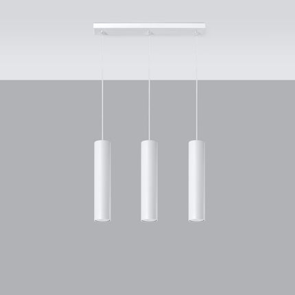 Suspension Long Cylindre 3 blanche en acier au-dessus d'une table à manger
