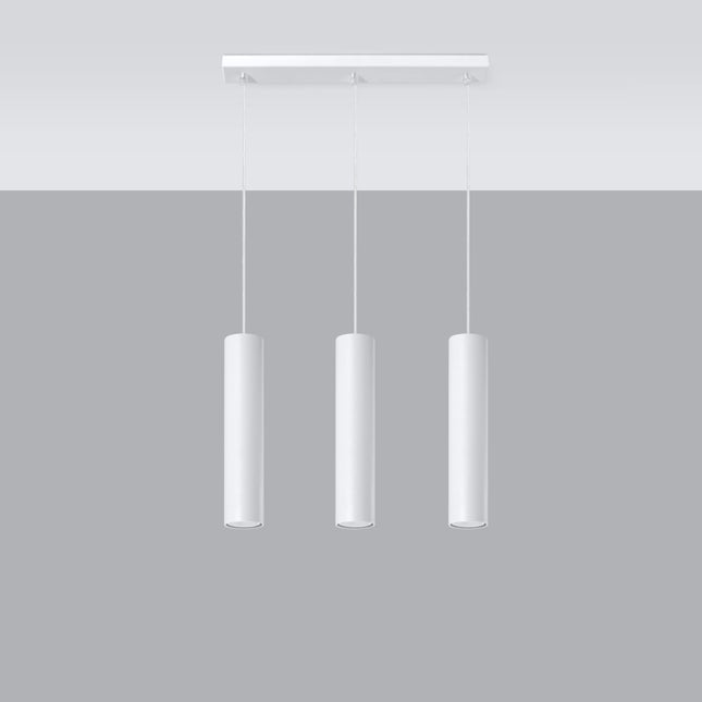 Suspension Long Cylindre 3 blanche en acier au-dessus d'une table à manger
