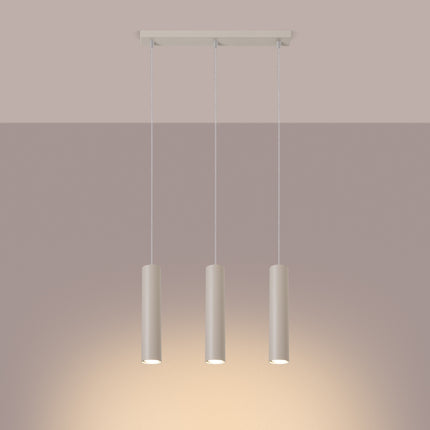 Suspension Long Cylindre 3 Beige en Acier, lumière allumée