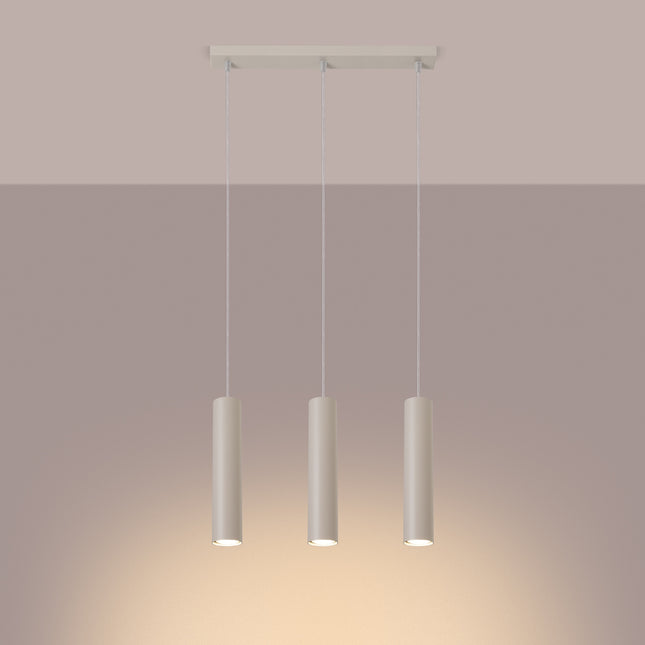 Suspension Long Cylindre 3 Beige en Acier, lumière allumée
