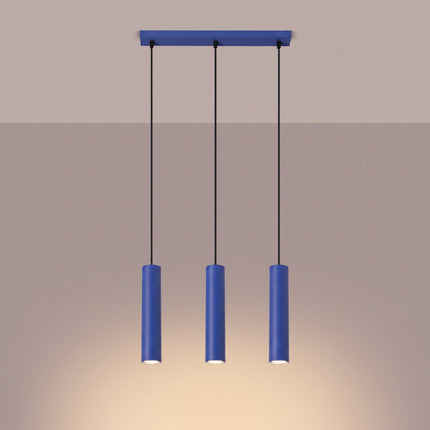 Suspension Long Cylindre 3 bleu outremer allumée, faisceau net