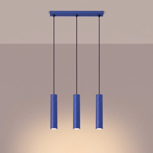 Suspension Long Cylindre 3 bleu outremer allumée, faisceau net