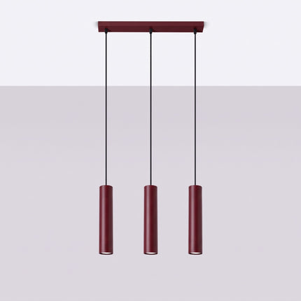 Suspension Long Cylindre 3 bordeaux, vue en situation sur fond clair