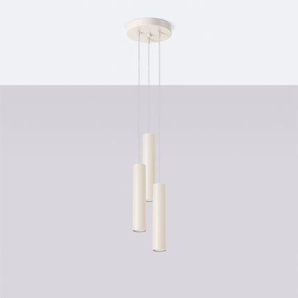 Suspension Long Cylindre 3 Lumières en Acier, Beige, vue en situation