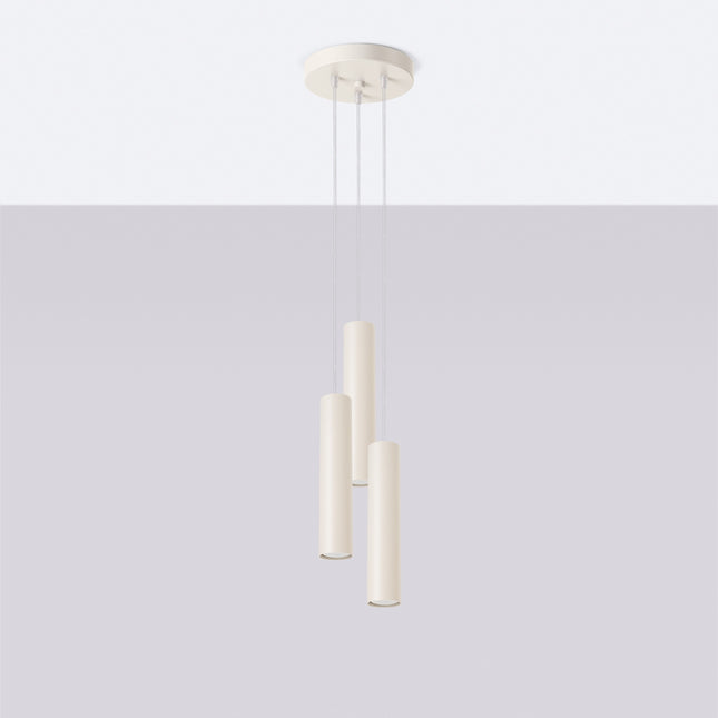Suspension Long Cylindre 3 Lumières en Acier, Beige, vue en situation