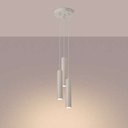 Suspension Long Cylindre 3 Lumières en Acier, Beige, lumière allumée