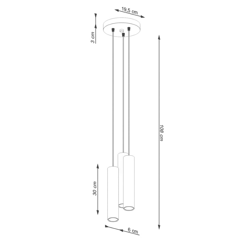 Dimensions Suspension Long Cylindre 3 Lumières en Acier, Beige
