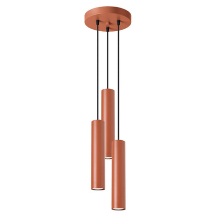 Suspension Long Cylindre 3 Lumières en Acier, Rouge Ocre, packshot sur fond blanc
